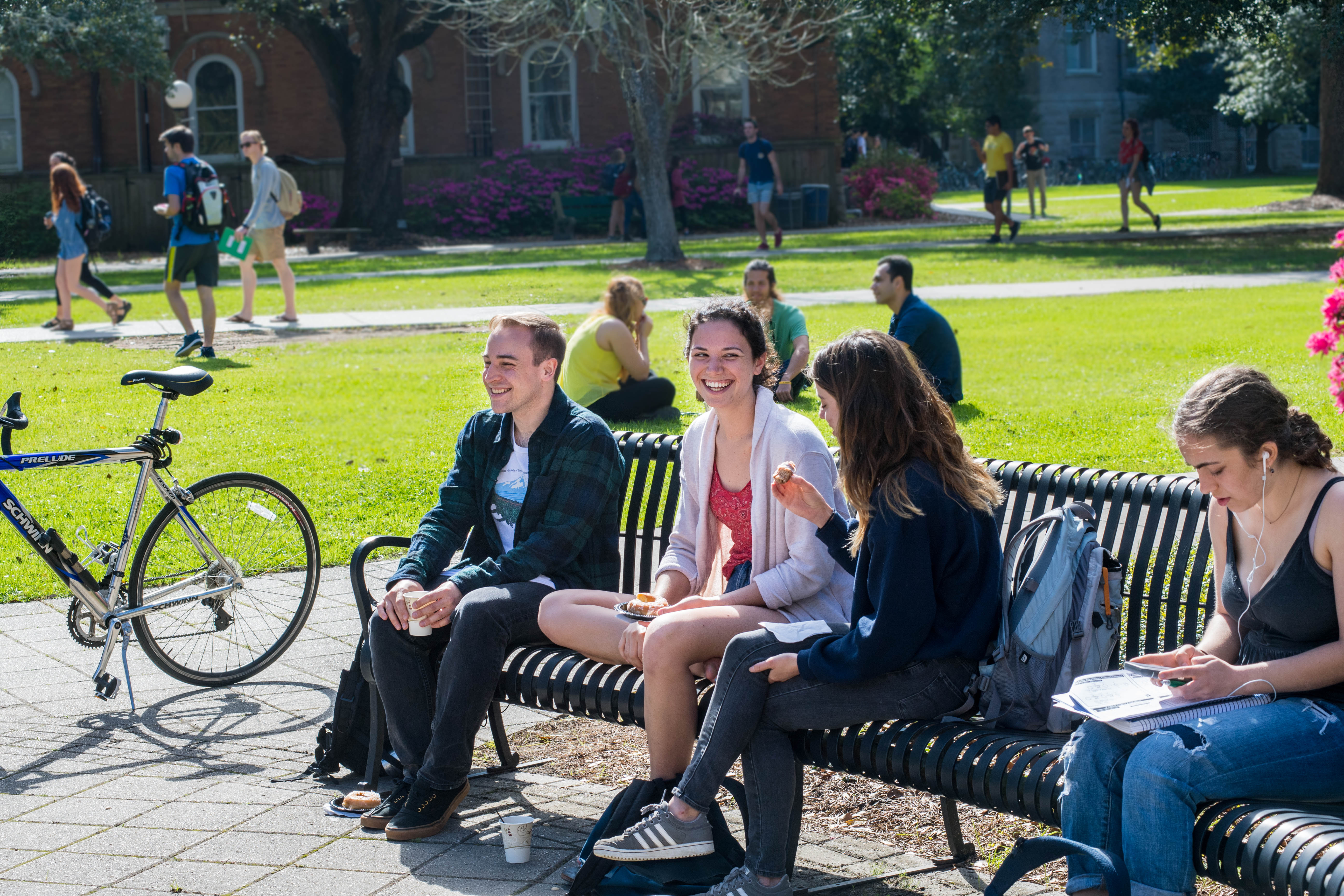 Students on benches in Cudd Hall Plaza.